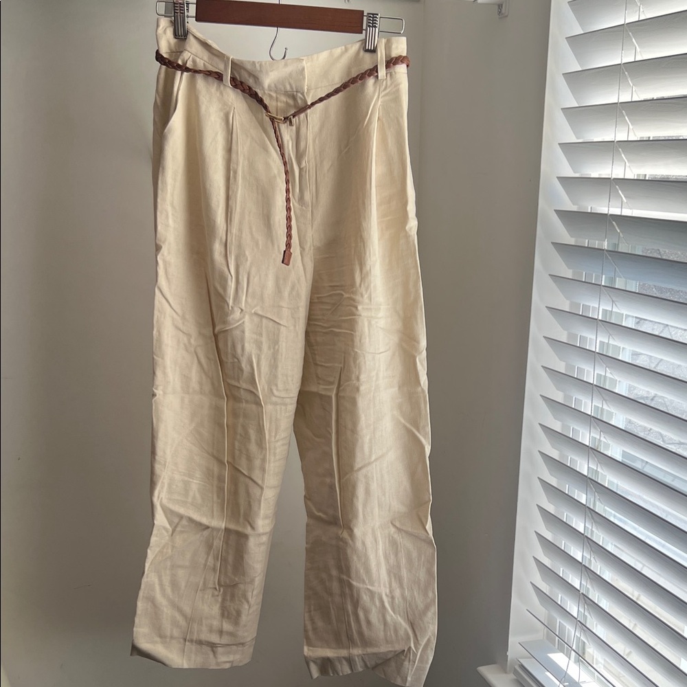 Zara Cream Straight Leg Pants with Brown Braided Belt